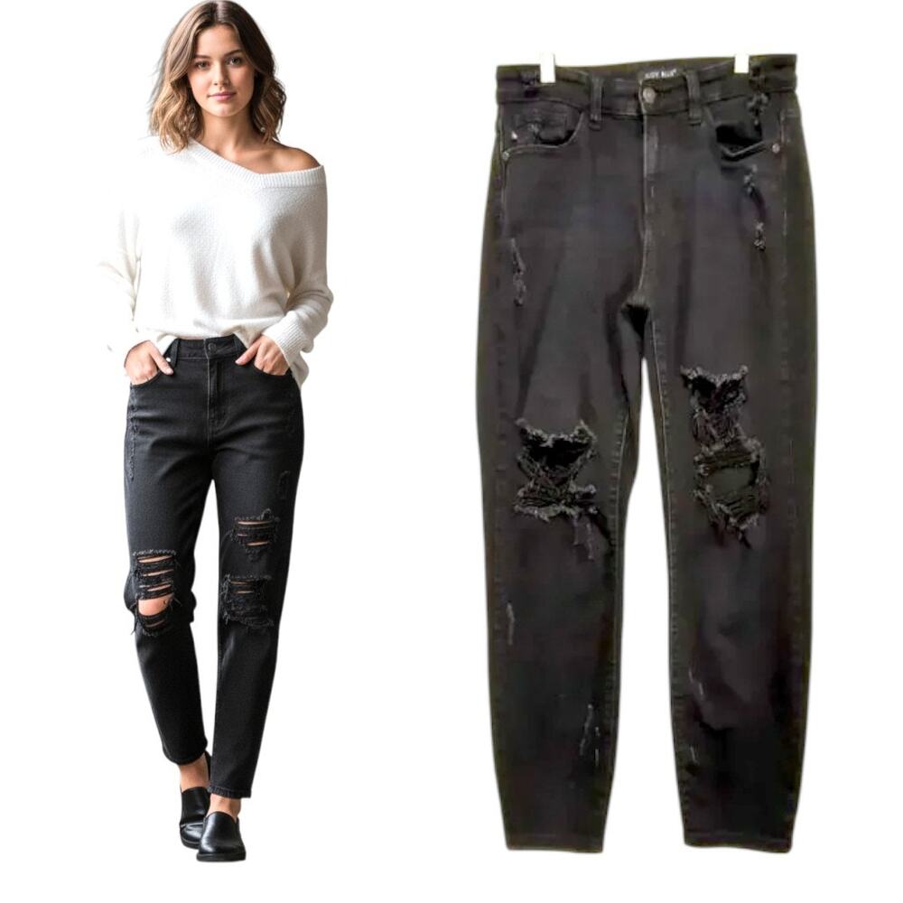 Judy Blue Destroyed Boyfriend Jeans Women's Sz 27 Black Hi Waist Denim